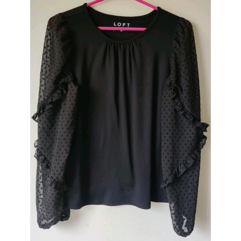 Loft Women's Velvet Dot Ruffle‎ Sheer Sleeve Black Poly Blend Pleat Front Size M
